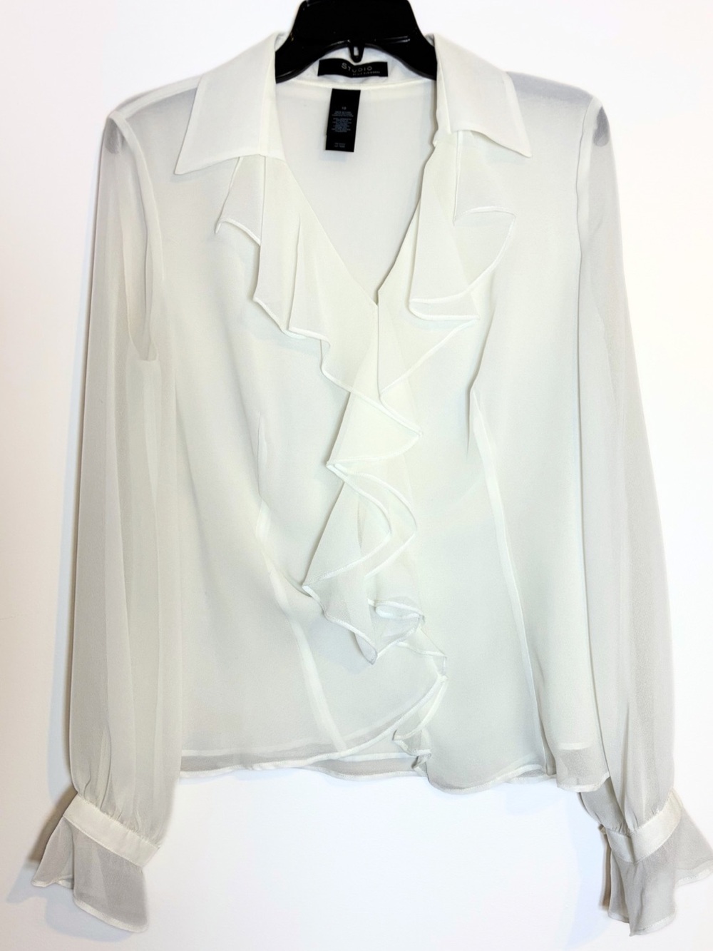 90s White Ruffle V-Neck Sheer Button Up Blouse. Ruffle Top.